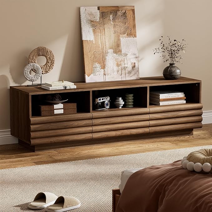 MAISONARIA Mid-Century Modern TV Stand for 50-60 inch TV, Entertainment Center with Storage & Drawers, Media Console Table for Living Room Bedroom, Walnut