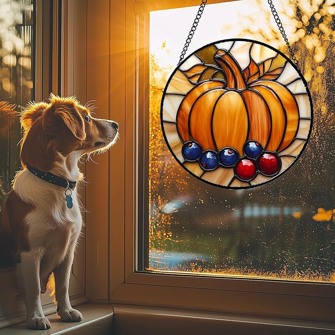 DASTOLL Stained Glass Window Hanging Fall Pumpkin Berries 7.8" - Suncatcher Door Garden Kitchen Sunroom Sun Catcher Autumn Home Decor Birthday for Mom Grandma Men Woman