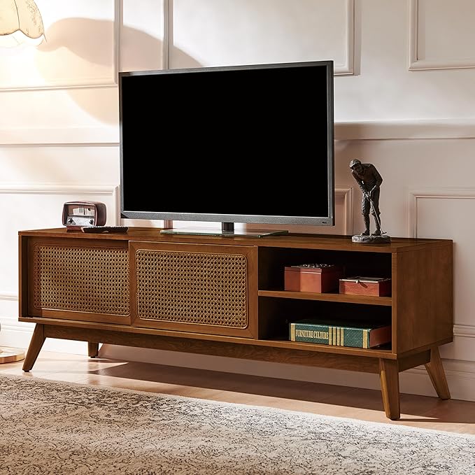 LKTART Mid Century Modern TV Stand for 55/60/65 inch TV,Boho Rattan Media Console with Sliding Doors for Living Room (Light Walnut, 59")