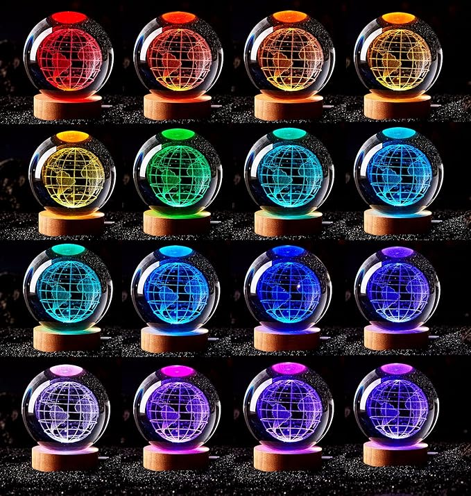 Conalisk 3D Earth Crystal Ball Lamp,3.15 inch K9 Crystal Ball Night Light with Wooden Base,Lifelike 3D LED Night Light,16 Colors Changing Light,Dimmable Remote Control,Desk lamp (D)