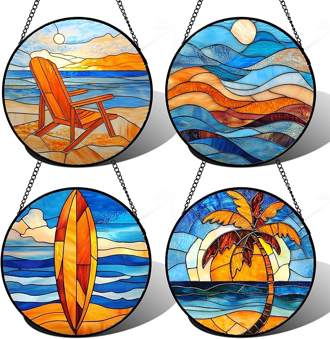 DASTOLL Stained Glass Window Hanging 4 Pcs Set Blue Orange Ocean Beach Theme 7.8" - Suncatcher Door Garden Sun Catcher Decor Birthday Christmas for Mom Woman Nana Men Wife