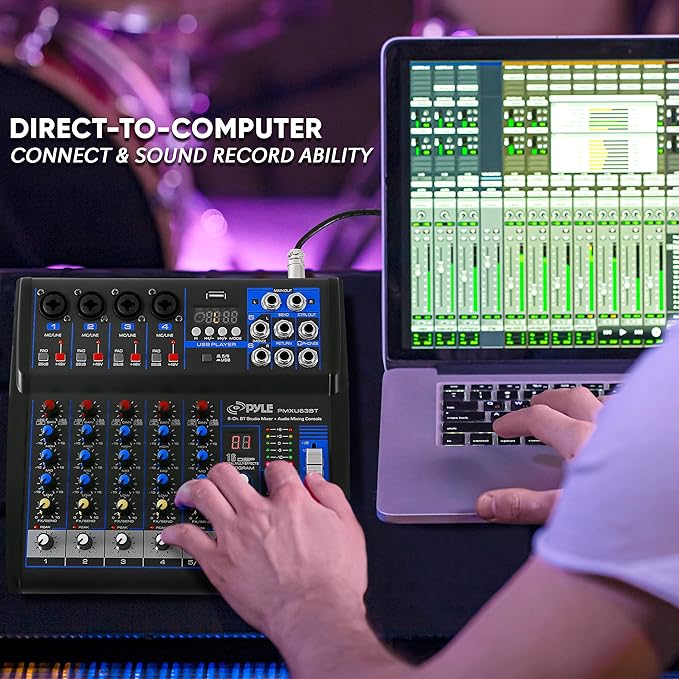 Pyle Professional 6 Channel Audio Mixer with Bluetooth - DJ Sound Board - USB Computer Input - Built-in MP3 Player - 48V Phantom Power - 3 Band EQ - 16-Bit DSP FX - Band, Studio Ready - PMXU63BT
