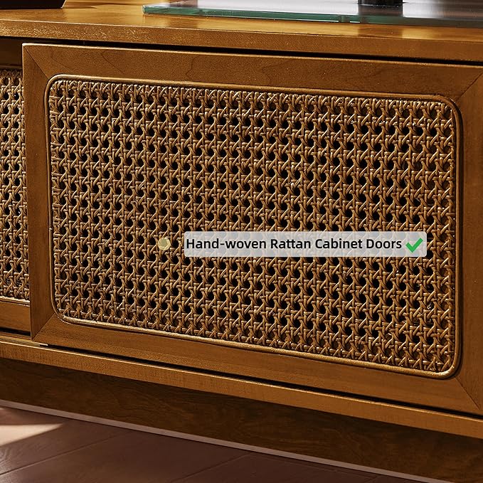LKTART Mid Century Modern TV Stand for 55/60/65 inch TV,Boho Rattan Media Console with Sliding Doors for Living Room (Light Walnut, 59")