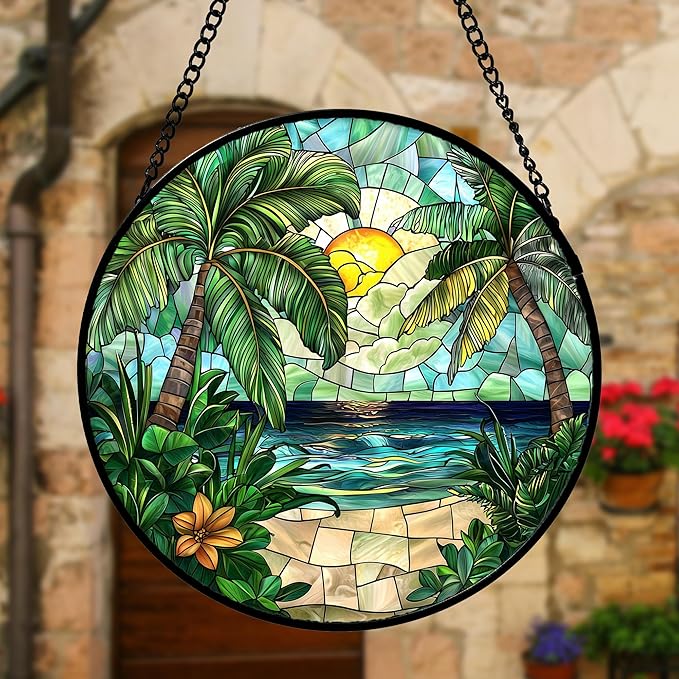 DASTOLL Stained Glass Window Hanging, Green Beach Scenery Suncatcher Diamond Glass Panel Hangings Sun Catchers Decor for Birthday for Women, Men, Wife, Aunt, and Mom 6.3 in