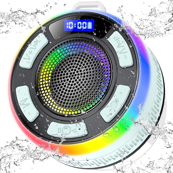 Shower Bluetooth Speaker IPX7 Waterproof, Portable Bluetooth Speakers with Suction Cup and Time Display, Crystal Sound&Bass LED Light 1100mAh, Wireless Shower Speaker for Outdoor/Kayak/ Light Cyan