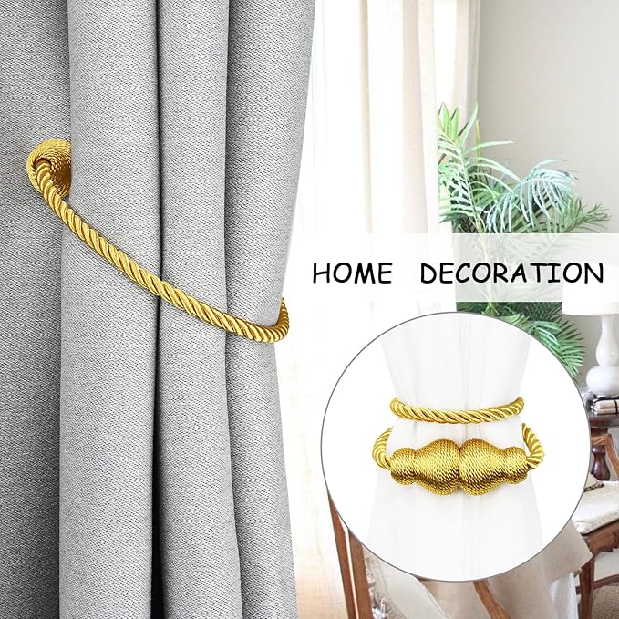 Nieffeiy Magnetic Curtain Tiebacks Outdoor Curtain Tie Backs Rope Decorative Magnetic Curtain Holders for Drapes Window Treatment Holdbacks, Gold 2Pack