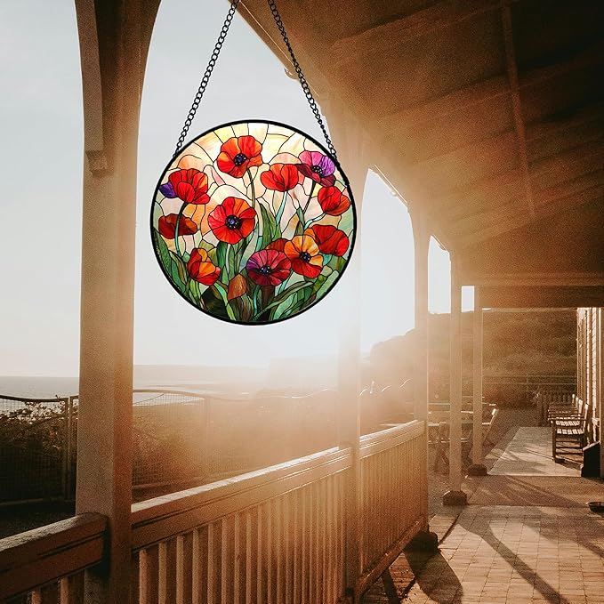 CRISGIF Stained Glass Window Hanging - Poppy Birth Flowers Suncatcher for Door Garden Yard Wildflowers Sun Catchers Decor Christmas Mother's Day Birthday Gifts for Women Mom Nana Friend 6.3 in