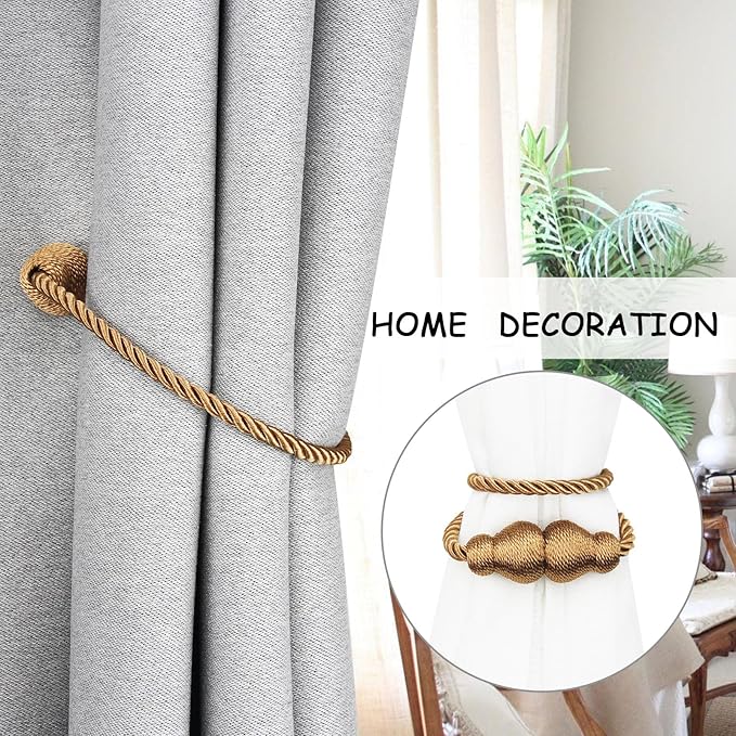Nieffeiy Magnetic Curtain Tiebacks Outdoor Curtain Tie Backs Rope Decorative Magnetic Curtain Holders for Drapes Window Treatment Holdbacks, Khaki 2Pack