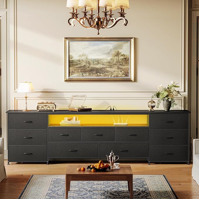 Huuger 78.7 Inch TV Stand for 75, 80 Inch TV, 11 Drawer Long Dresser with Power Outlets and LED Lights, Entertainment Center with Storage, Black Dresser with PU Leather Surface