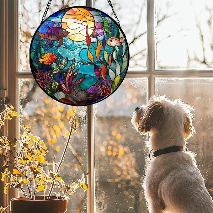 AMDERVEN Stained Glass Window Hanging - Blue Ocean World Small Fish Coral Sun Catcher for Door Garden Home Decor Sea Suncatcher Christmas Mother's Day Birthday Gifts for Women Men Mom Nana 7.8 in