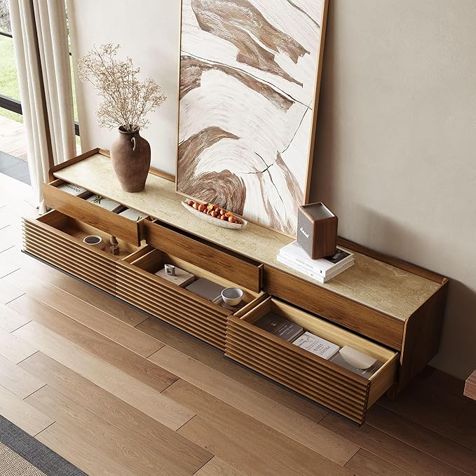 POVISON Fully-Assembled Mid Century Matte Sintered Stone TV Stand with Legs, 94.49" Wood Media Console with Adjustable LED Light, Entertainment Center with Storage for Living Room