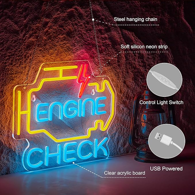 Check Engine Neon Sign for Garage Wall Decor Check Engine Neon Signs Car Auto Repair Workshop Sign with Dimmable USB Powered Signs Décor (17X13in)