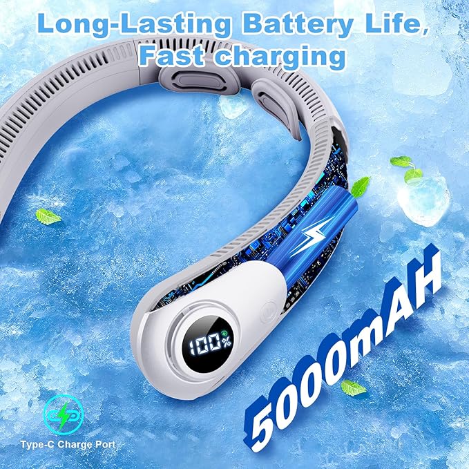 Portable Neck Fan that Blow Cold Air, LED Display, Rechargeable Hands-Free Wearable Cooling Personal Fan, 5 Speed, Neck Support, Bladeless Neck Air Conditioner, Gift for Women/Men, Hot Flashes, Travel
