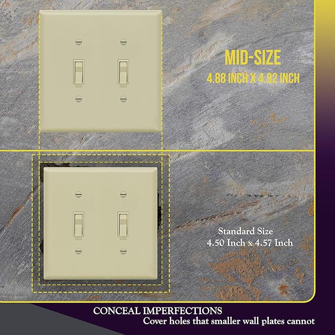 ENERLITES Toggle Light Switch Wall Plate, Gloss Finish, Midway Size 2-Gang 4.88" x 4.92", Unbreakable Polycarbonate Thermoplastic, UL Listed, 8812M-I, Ivory