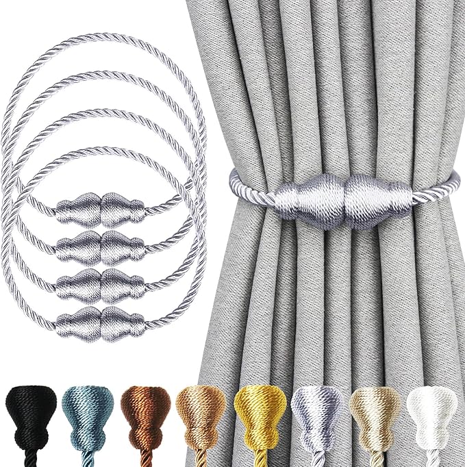 Nieffeiy Magnetic Curtain Tiebacks Outdoor Curtain Tie Backs Rope Decorative Magnetic Curtain Holders for Drapes Window Treatment Holdbacks, Grey 4Pack