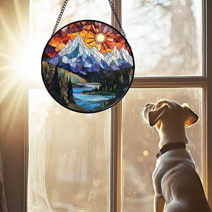 AMDERVEN Stained Glass Window Hanging - Colorful Mountain Lake Landscape Sun Catcher for Door Garden Home Decor Suncatcher Christmas Mother's Day Birthday Gifts for Women Men Mom Nana 11.8 in