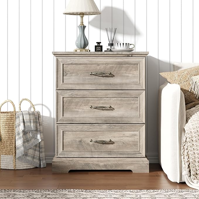 Nightstand with 3 Large Drawers,24" Wide End Table with Metal Handles,Rustic Farmhouse Wood Small Dresser,Bedside Table,Modern Chest of Drawers for Bedroom,Living Room,Grey