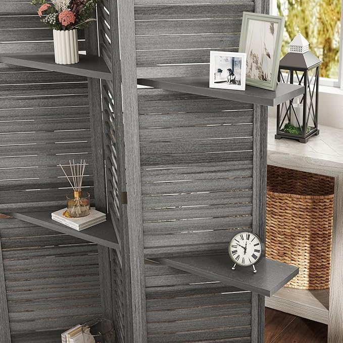 HOMCOM Room Divider, 4 Panel 67" Tall Wood Privacy Screen with 3 Display Shelves, and Folding Storage for Bedroom or Home Office, Gray