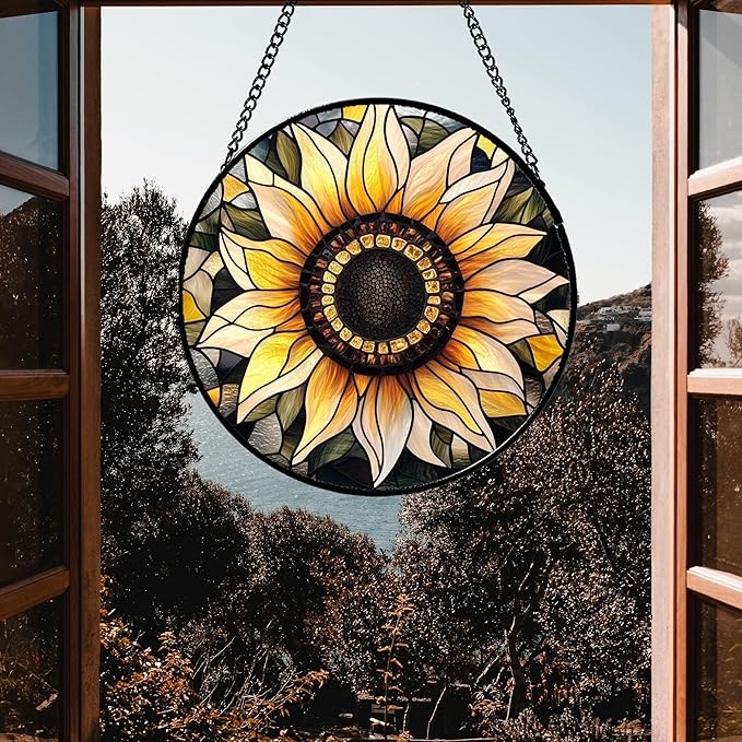 CRISGIF Stained Glass Window Hanging - Sunflower Suncatcher for Door Garden Patio Retro Flower Sun Catchers Decor Christmas Mother's Day Birthday Gifts for Women Mom Nana Friend Wife 6.3 in