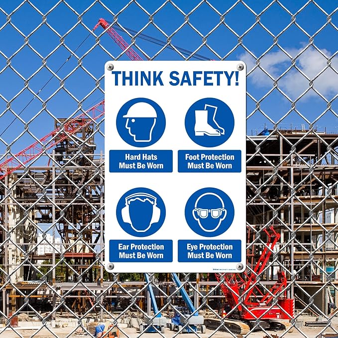 Brimar - 12" x 18" - Think Safety PPE Must Be Worn Sign - .063″ White Rust-Free Aluminum - Comprehensive Message - Easy Installation