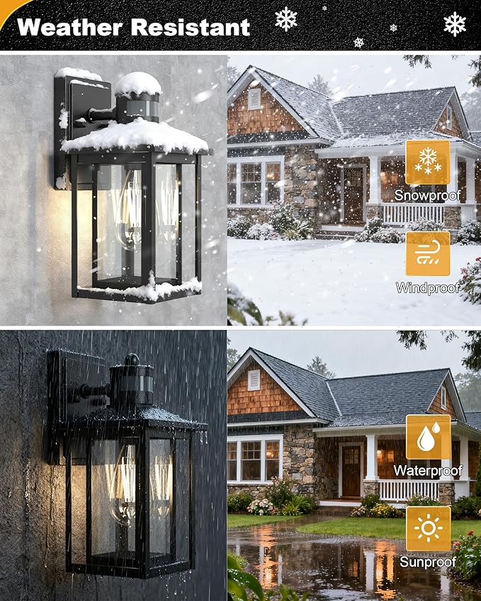 LTBLIGHT Motion Sensor Dusk to Dawn Outdoor Light, 4-Modes Adjustable Black Exterior Lighting Fixture, Waterproof Outside Wall Mount Lantern for Home, Entry, Backyard, Patio, 120V