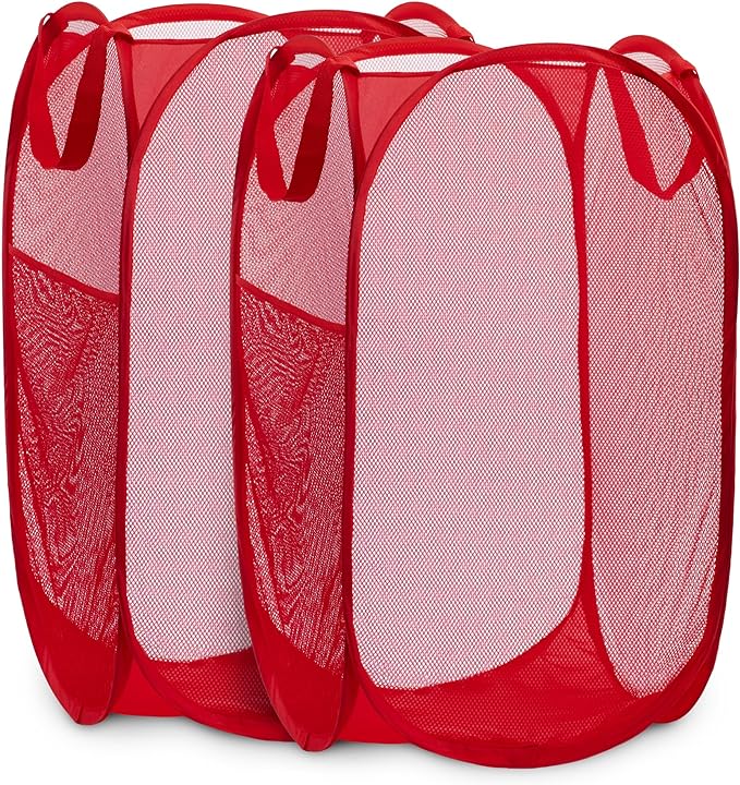 Handy Laundry Collapsible Mesh Pop Up Hamper with Wide Opening and Side Pocket - Breathable, Sturdy, Foldable, and Space-Saving Design for Clothes and Storage (Red | 2-Pack)