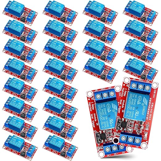 Kigeli 24 Pcs 5v Relay Module One Channel Switch with Optocoupler and Opto Isolation, Compatible with High and Low Level Triggers, 19.69 x 10.24 x 7.09 Inches