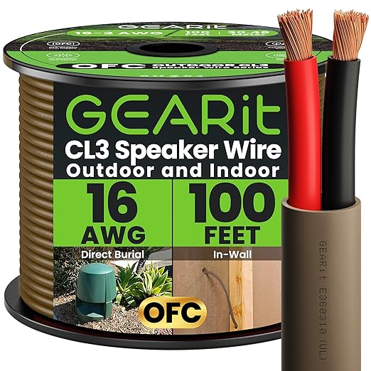GEARit Outdoor Speaker Wire CL3 Rated, 16 Gauge Speaker Wire, Speaker Cable 100 ft for Outdoor Speakers, Patio, Garden, Backyard Audio, Direct Burial in Ground/in Wall, OFC (Brown, 2-Conductors)