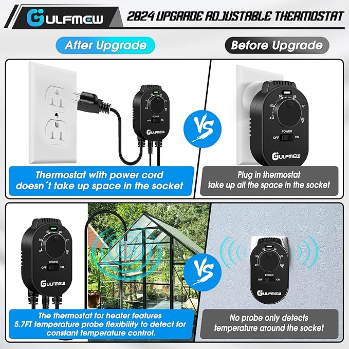 2 Pcs Plug in Thermostat for Heater, Thermostat Plug Outlet with 4.9FT Power Cord, Heating and Cooling Thermostats Outlet with Temperature Probe for Space Heater, Greenhouse Fan (Black)
