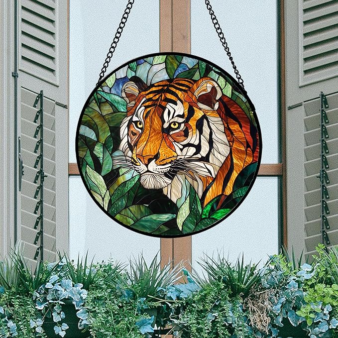 AMDERVEN Stained Glass Window Hanging, Fierce Tiger Sun Catcher for Door Home Decor Wild Animals Suncatcher Christmas Mother's Day Birthday Gifts for Women Men Mom and Nana 9.8 in