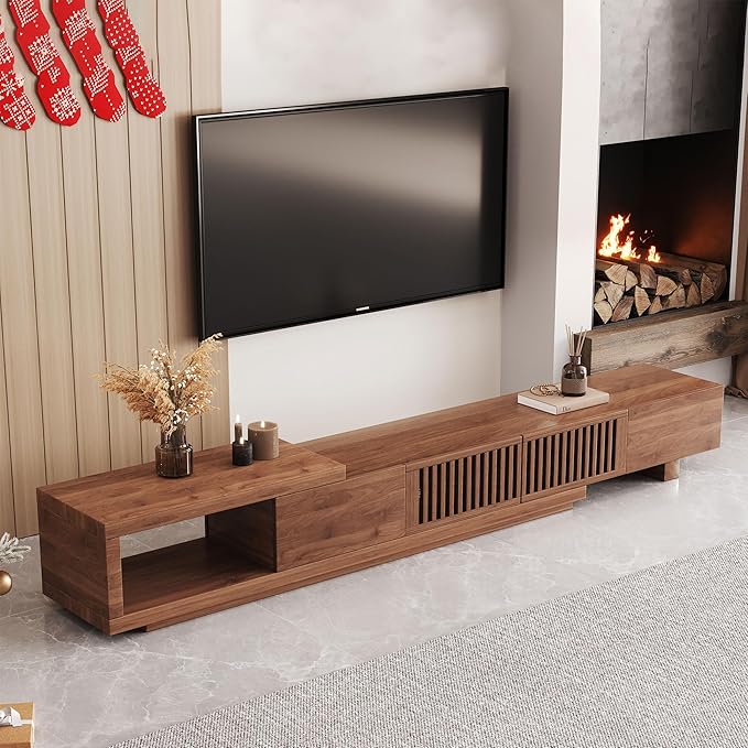 NessCarsti Mid Century Modern TV Stand for 75+ Inch TVs, Extendable Media Console (78"-103") with Ample Storage - Sleek Walnut Entertainment Center for Living Room