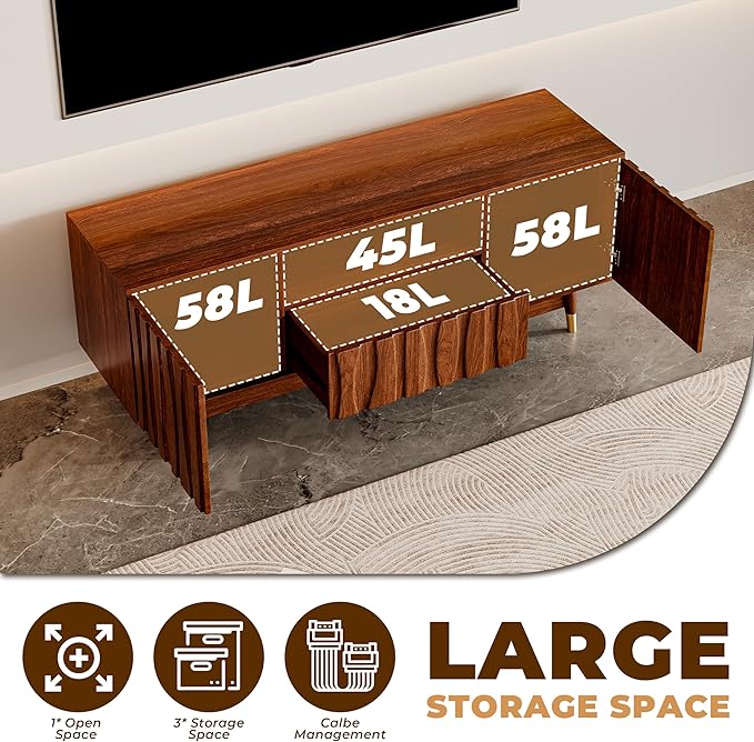 ATJafurn 55‘’ Brown Walnut Finish TV Stand for 32/43/55 Inch TVs, Mid Century Modern Wood Media Console Entertainment Center with Drawer and 2 Cabinets for Living Room Bedroom
