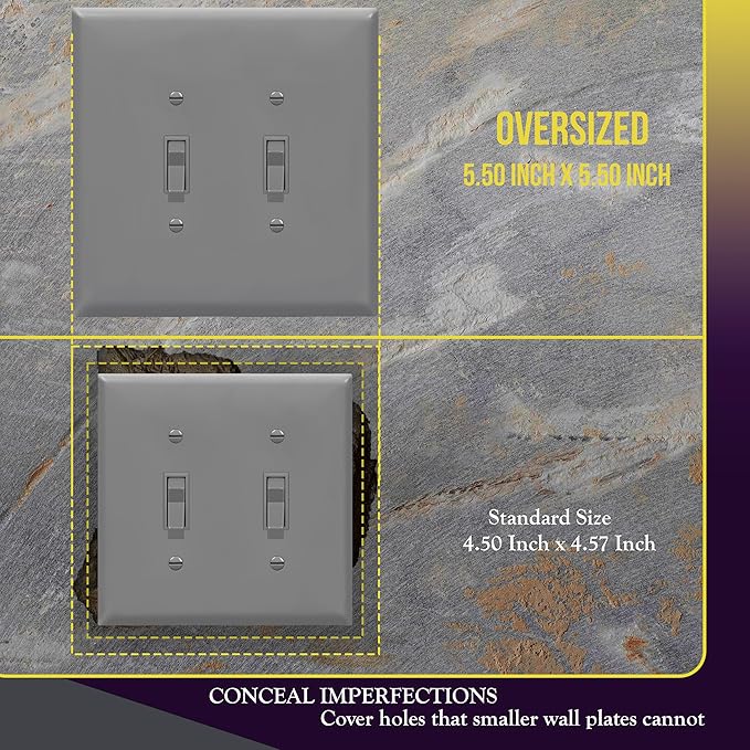 ENERLITES Jumbo Double Toggle Switch Cover, Two Gang Light Switch Wall Plate, Gloss Finish, Oversized 2-Gang 5.5" x 5.5", Unbreakable Polycarbonate Thermoplastic, UL Listed, 8812O-GY, Gray