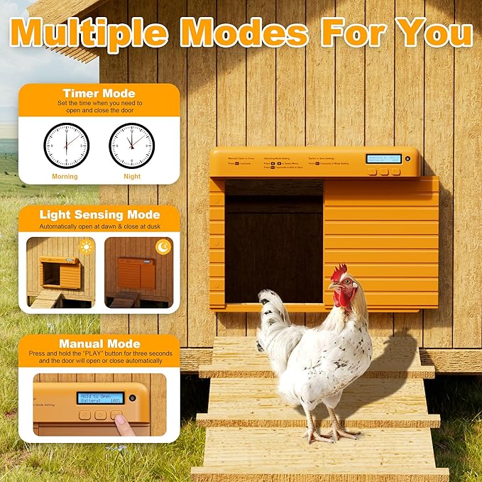 Automatic Chicken Coop Door Battery Powered, Chicken Door with Timer & Light Sensor, Chicken Coop Door with Anti-Pinch Feature