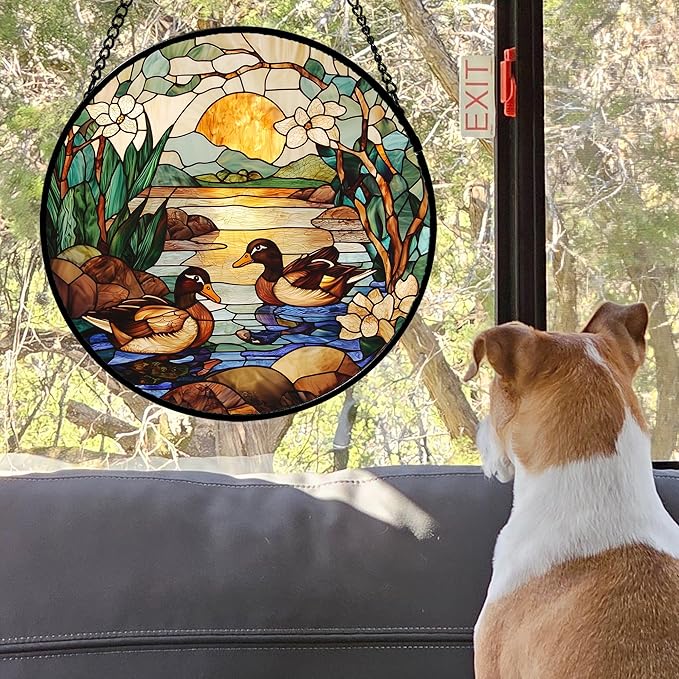 AMDERVEN Stained Glass Window Hanging, Ducks in The Pond Sun Catcher for Door Home Decor Landscape Plant Suncatcher Christmas Mother's Day Birthday Gifts for Women Men Mom Nana 7.8 in