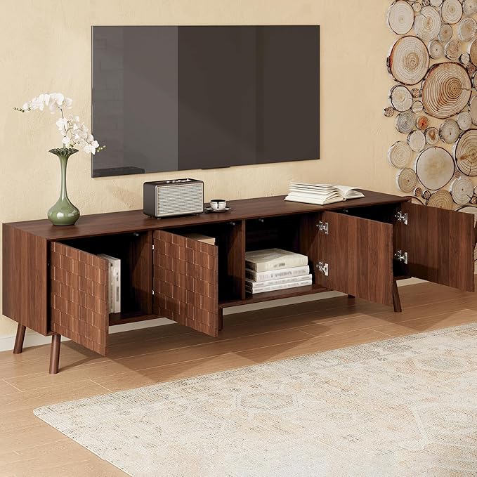 Virubi Mid-Century Modern TV Stand, Entertainment Center with 4 Doors Media Console for TVs up to 80 Inch, Television Stands with Cable Management for Living Room