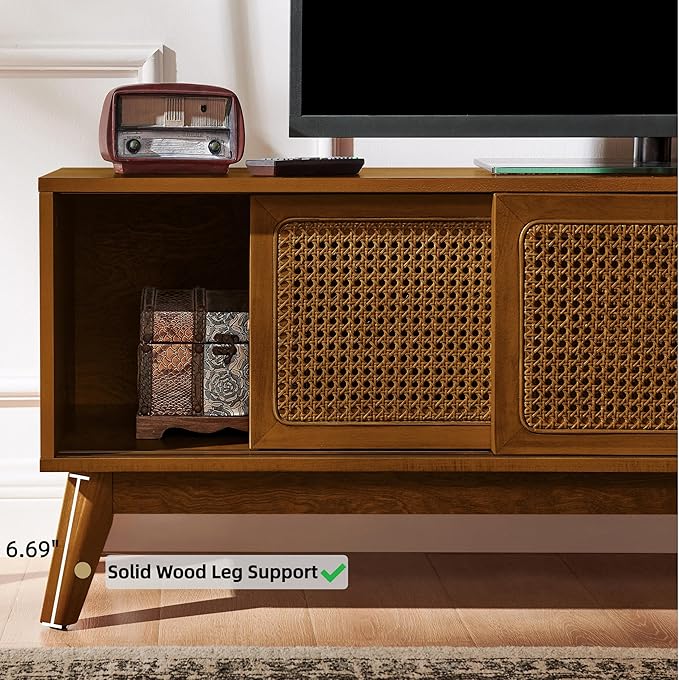 LKTART Mid Century Modern TV Stand for 55/60/65 inch TV,Boho Rattan Media Console with Sliding Doors for Living Room (Light Walnut, 59")