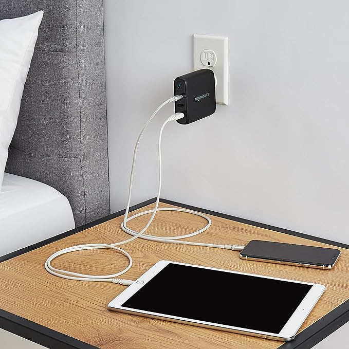 Amazon Basics 100W Four-Port GaN Wall Charger w/ 2 USB-C (100W,18W) & 2 USB-A Ports (12W) w/PD for Laptops, Tablets & Phones (iPhone 16/15/14/13/12/11/X, iPad, Mac, Samsung, and More), Non-PPS, Black
