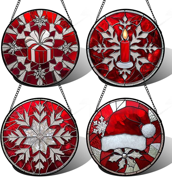 DASTOLL Stained Glass Window Hanging 4 Pcs Set Red Christmas Decorations Theme 6.3" - Suncatcher Door Garden Sun Catcher Decor Birthday for Mom Woman Nana Men Friend Wife