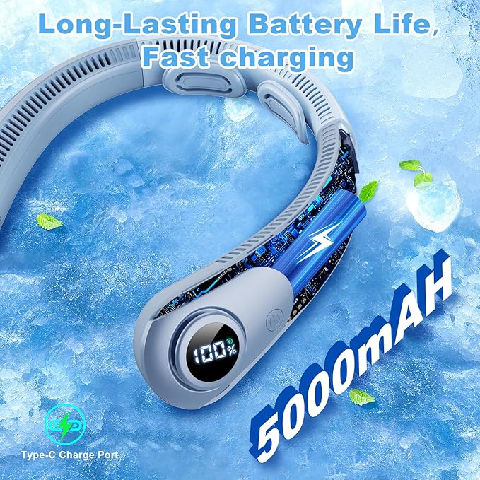 Portable Neck Fan that Blow Cold Air, LED Display, Rechargeable Hands-Free Wearable Cooling Personal Fan, 5 Speed, Neck Support, Bladeless Neck Air Conditioner, Gift for Women/Men, Hot Flashes, Travel