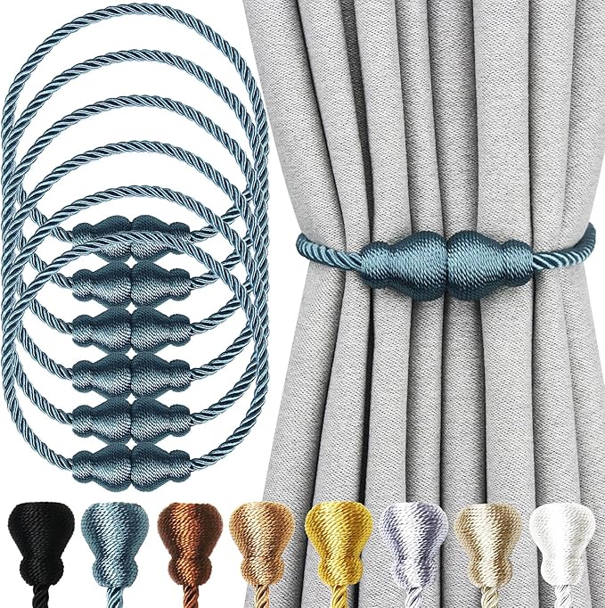 Nieffeiy Magnetic Curtain Tiebacks Outdoor Curtain Tie Backs Rope Decorative Magnetic Curtain Holders for Drapes Window Treatment Holdbacks, Blue 6Pack
