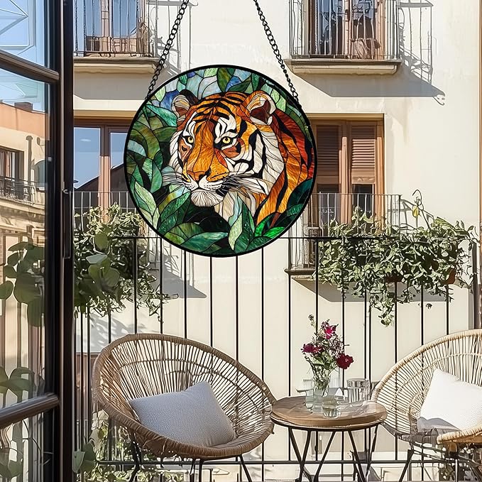 AMDERVEN Stained Glass Window Hanging, Fierce Tiger Sun Catcher for Door Home Decor Wild Animals Suncatcher Christmas Mother's Day Birthday Gifts for Women Men Mom and Nana 11.8 in