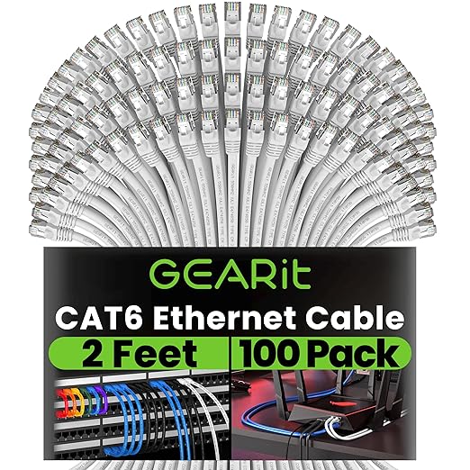 GEARit Cat 6 Ethernet Cable (100-Pack 2 Feet) Cat6 Network Patch, 10Gbps, RJ45, Snagless Cord, Gold-Plated Connectors, Internet for PC, TV, Tablet, Router, Printer, Servers, IT Data Center - White