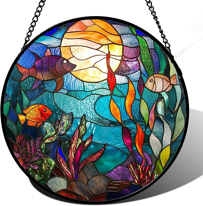 AMDERVEN Stained Glass Window Hanging - Blue Ocean World Small Fish Coral Sun Catcher for Door Garden Home Decor Sea Suncatcher Christmas Mother's Day Birthday Gifts for Women Men Mom Nana 11.8 in