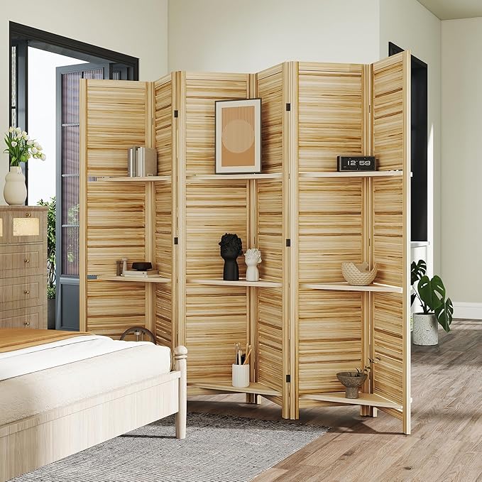 HOMCOM Room Divider, 6 Panel 67" Tall Wood Privacy Screen with 3 Display Shelves, and Folding Storage for Bedroom or Home Office, Natural Wood