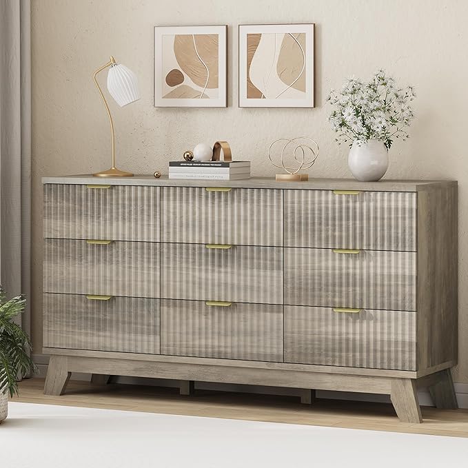 Xixini Fluted Dresser for Bedroom with 9 Drawers, 57" Wide Modern Chest of Drawers with Metal Handle, Wooden Dresser TV Stand, Wood Closet Clothes Storage Organizer for Living Room, Hallway, Grey