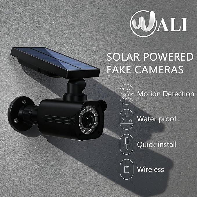 WALI Dummy Fake Camera, Security Camera with Motion Sensor Flood Light, Simulated Surveillance Security CCTV Dome Camera Indoor Outdoor (TCB2-SOL), 2 Packs, Black-Solar
