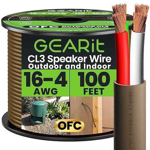 GEARit Outdoor Speaker Wire CL3 Rated, 16 Gauge Speaker Wire, Speaker Cable 100 ft for Outdoor Speakers, Patio, Garden, Backyard Audio, Direct Burial in Ground/in Wall, OFC (Brown, 4-Conductors)