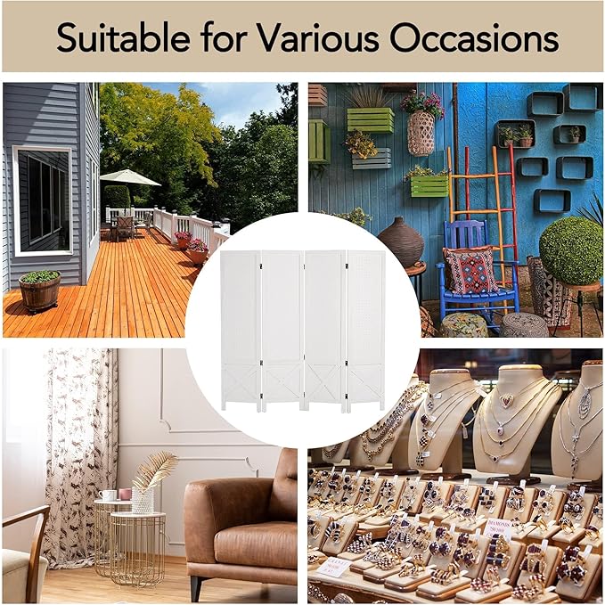Wnutrees 4 Panel Pegboard Display, 5 Ft Wood Folding Privacy Screens Room Divider, Portable Freestanding Display Board for Craft/Art Shows, Retail, Events, Wall Organizer, Rustic Barnwood, White