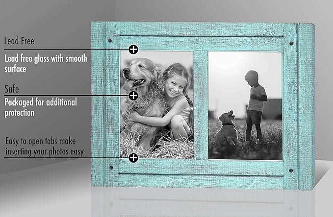 Americanflat Hinged 5x7 Double Picture Frame with 2 Photo Openings and Polished Glass - Distressed Wood Collage Picture Frames for Tabletop and Wall Display - Hampton Collection - Turquoise Blue